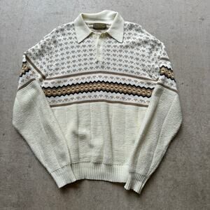 Men's Vintage 80's Sweater Emporium White Brown Knit Collared Pullover Sz Large